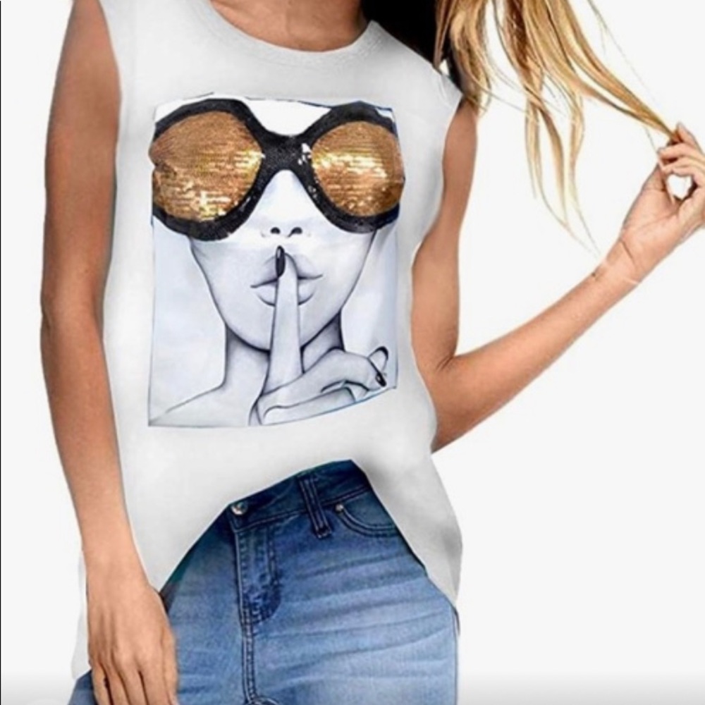 White sleeveless T-shirt with gold sequins
